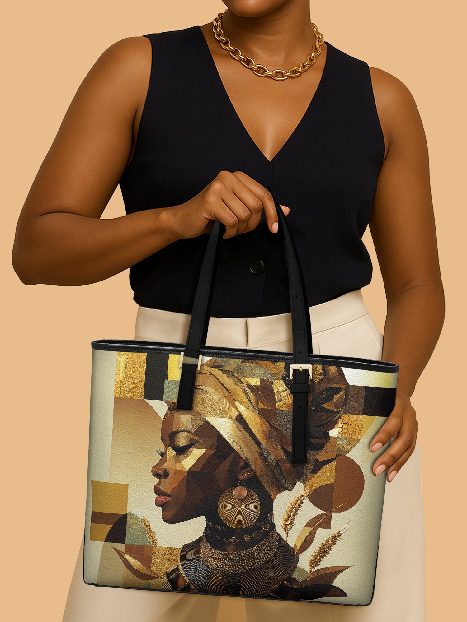 Golden Facets Sleek Leather Tote QR0TV114