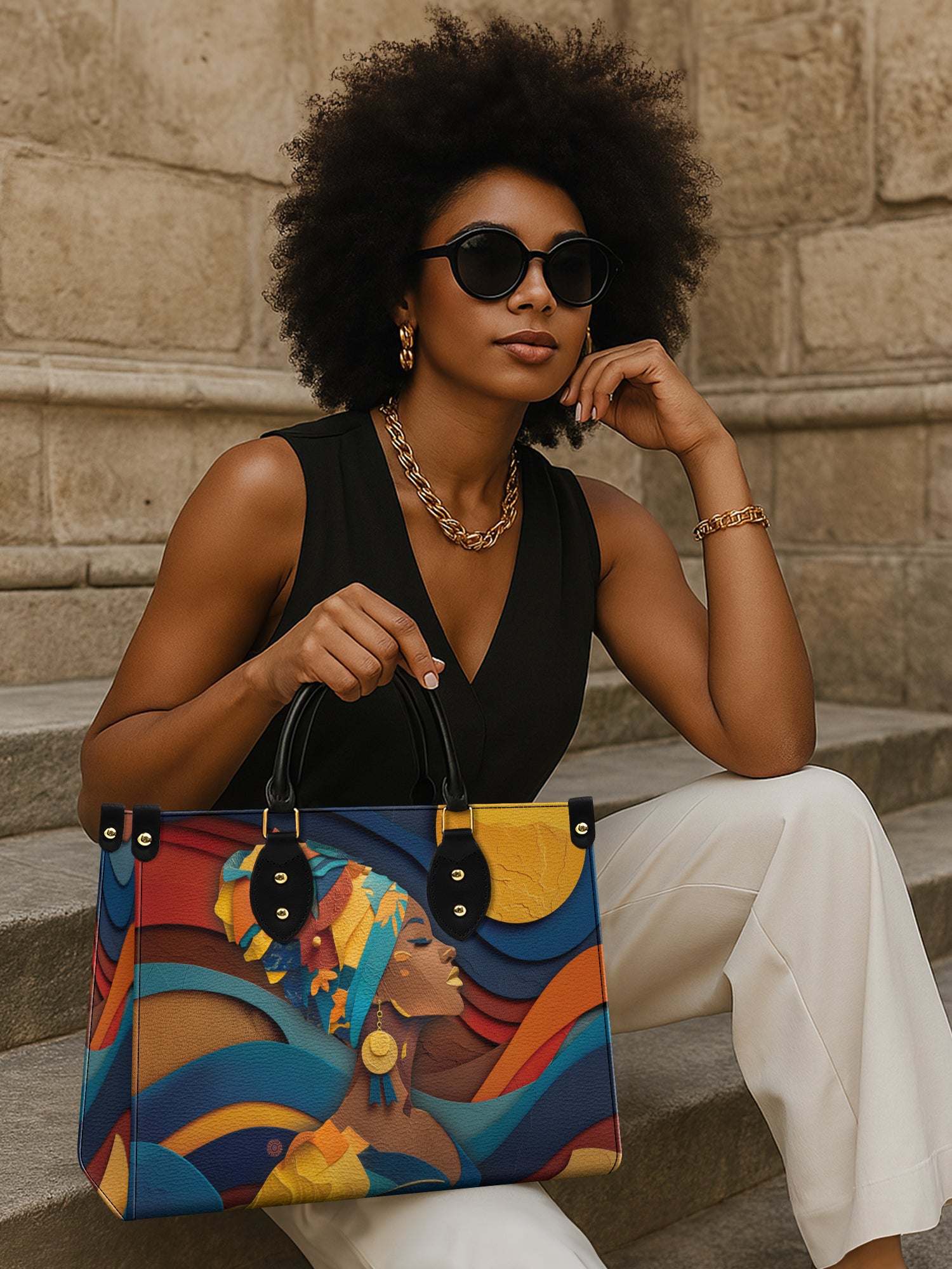 Woman in Headwrap Premium Leather Handbag QR0HH021