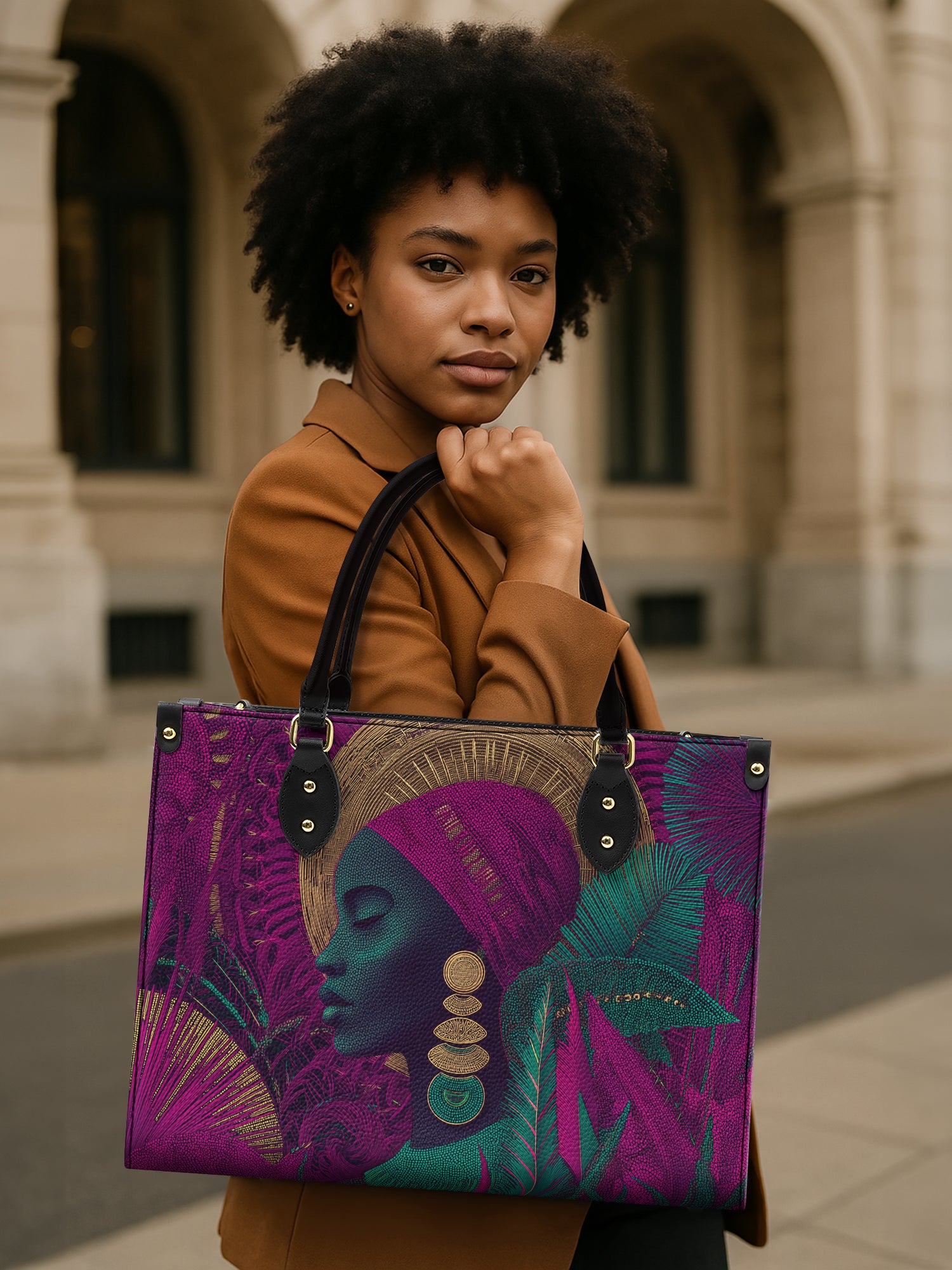 Golden Halo Portrait Premium Leather Handbag QR0HH120