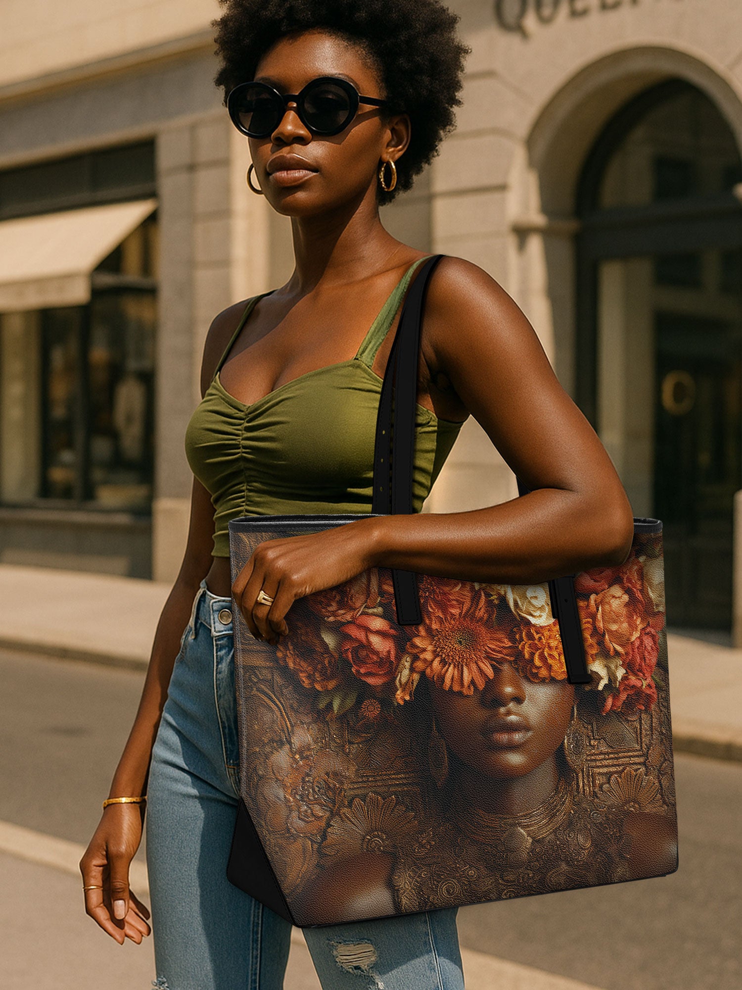 Floral Goddess Sleek Leather Tote QR0TV035