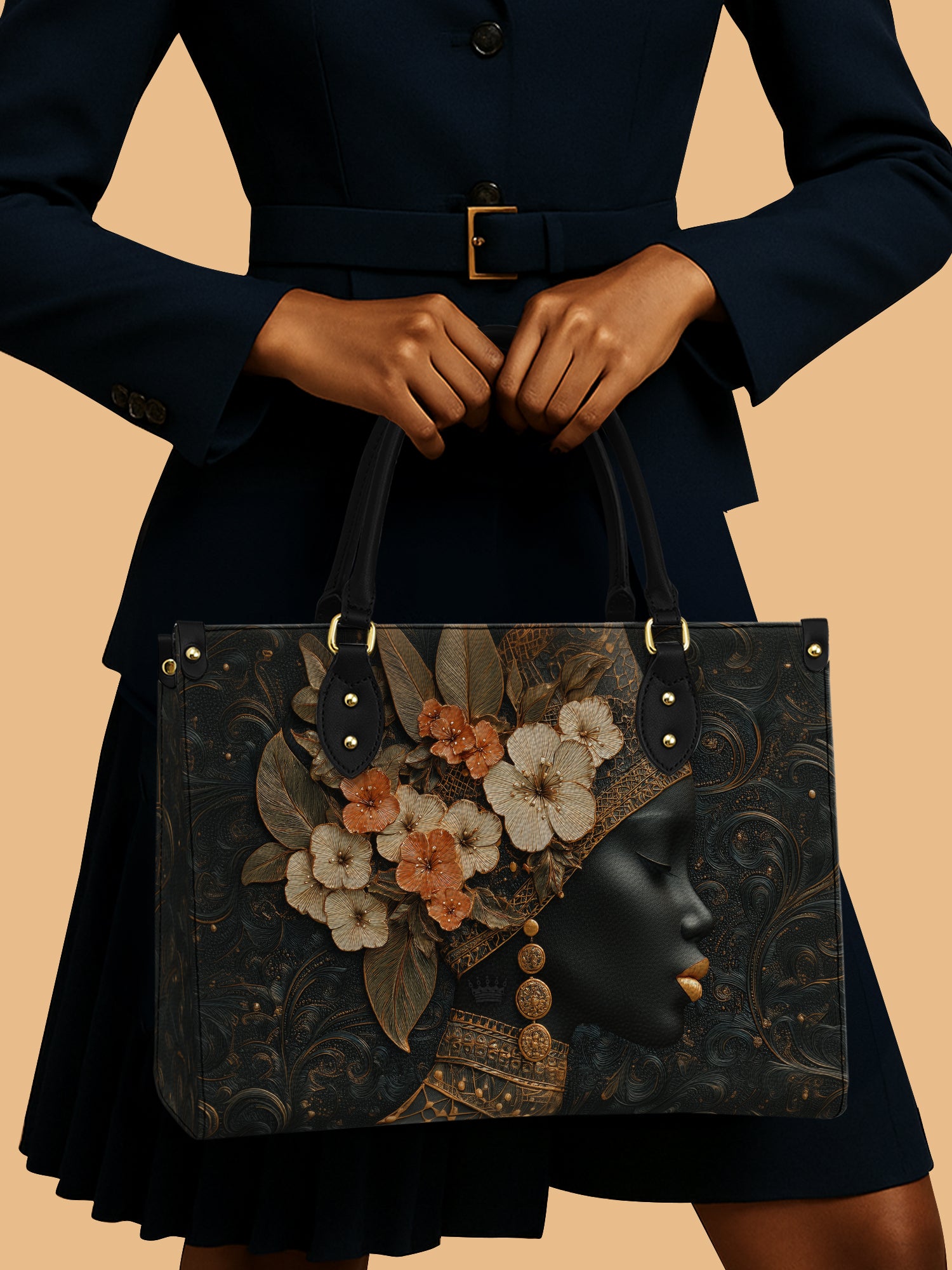 Orange Blooms Queen Premium Leather Handbag QR0XD293