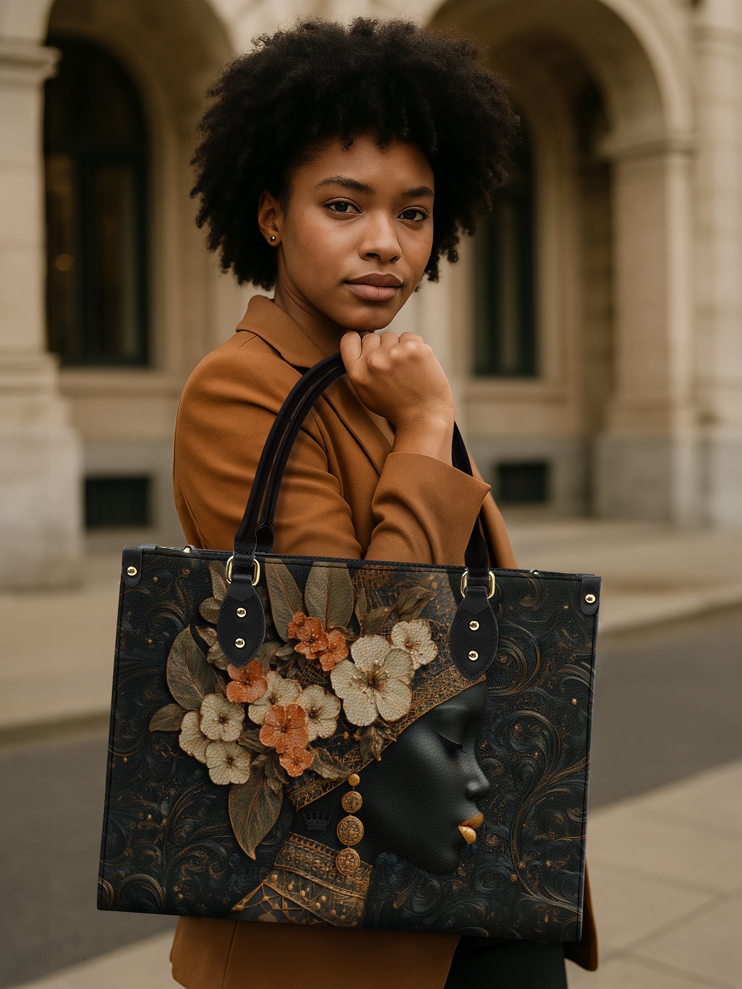 Orange Blooms Queen Premium Leather Handbag QR0XD293