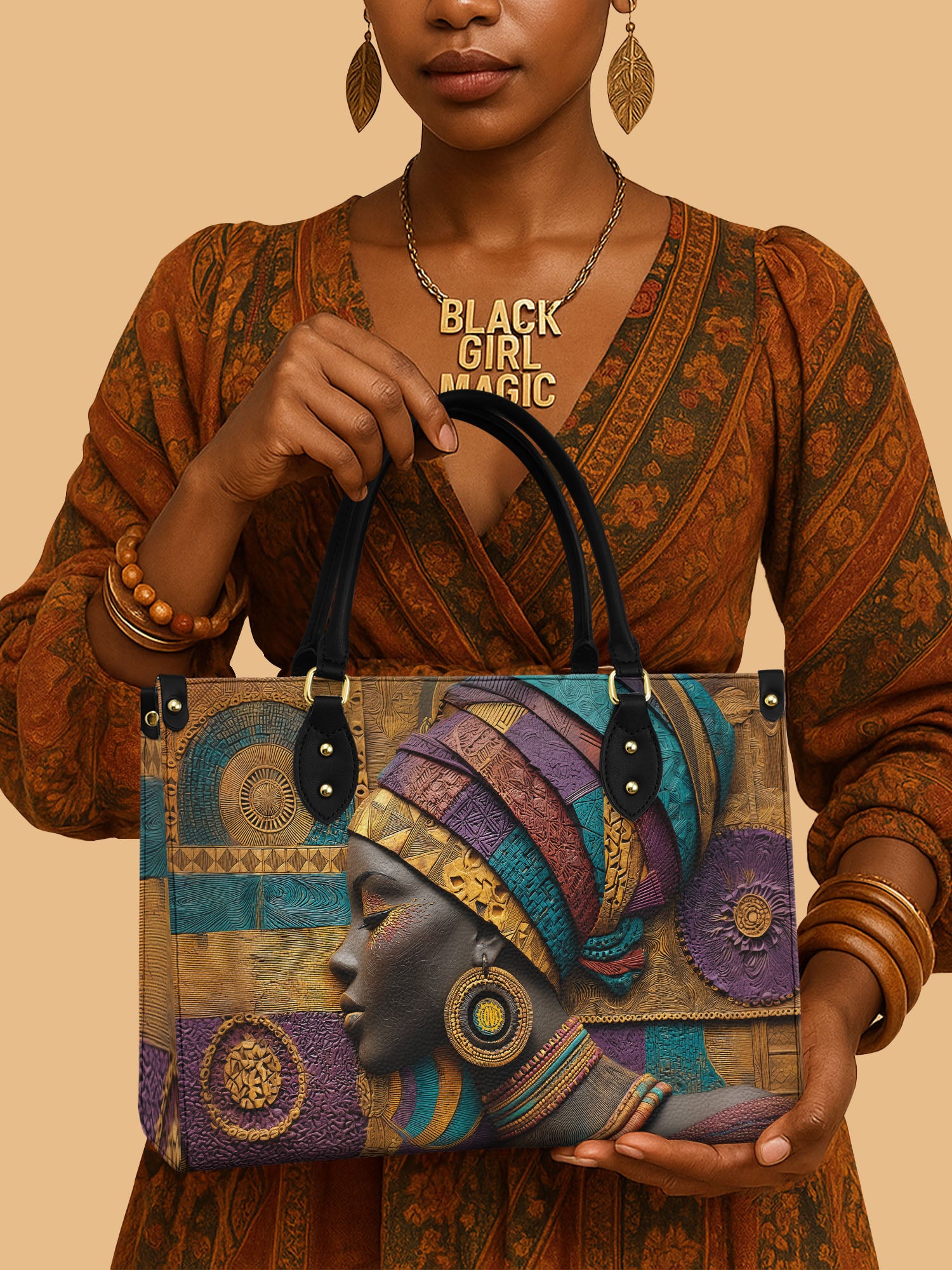 Afro Tapestry Premium Leather Handbag QR0TV058