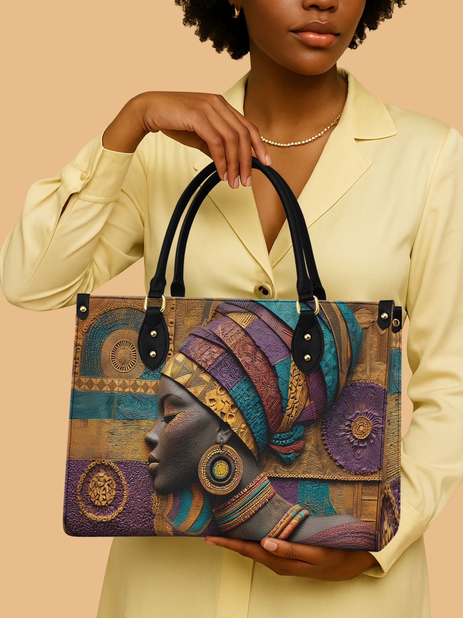 Afro Tapestry Premium Leather Handbag QR0TV058