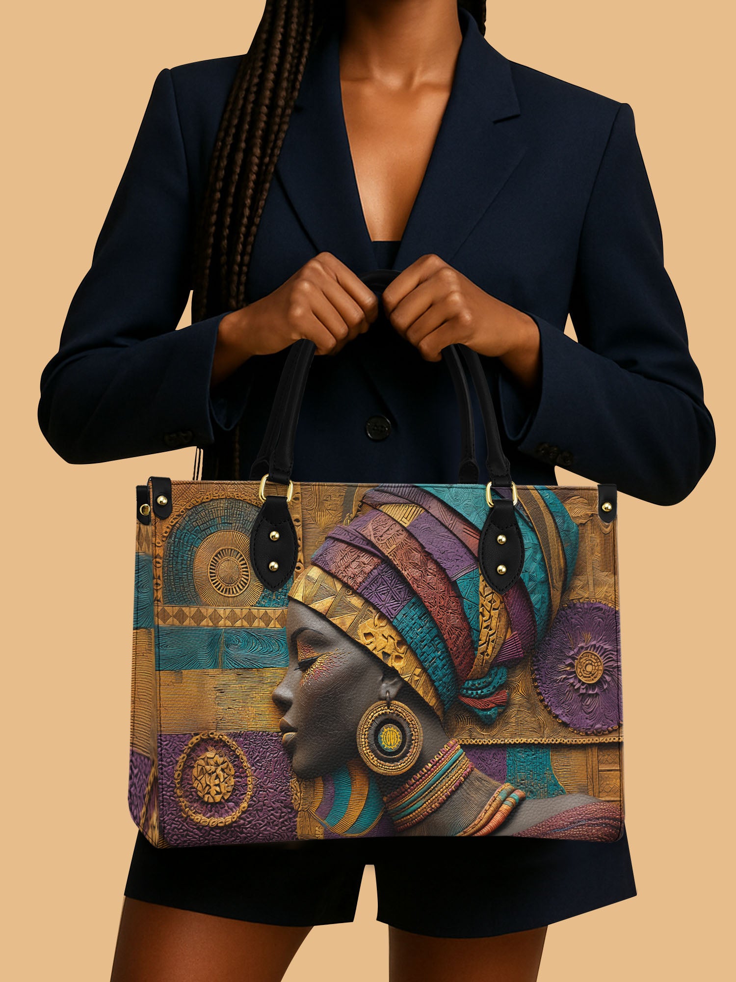 Afro Tapestry Premium Leather Handbag QR0TV058