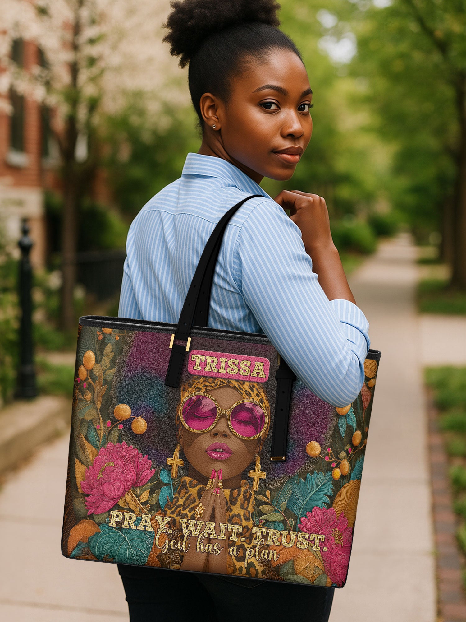 Black Christian Woman Sleek Leather Tote