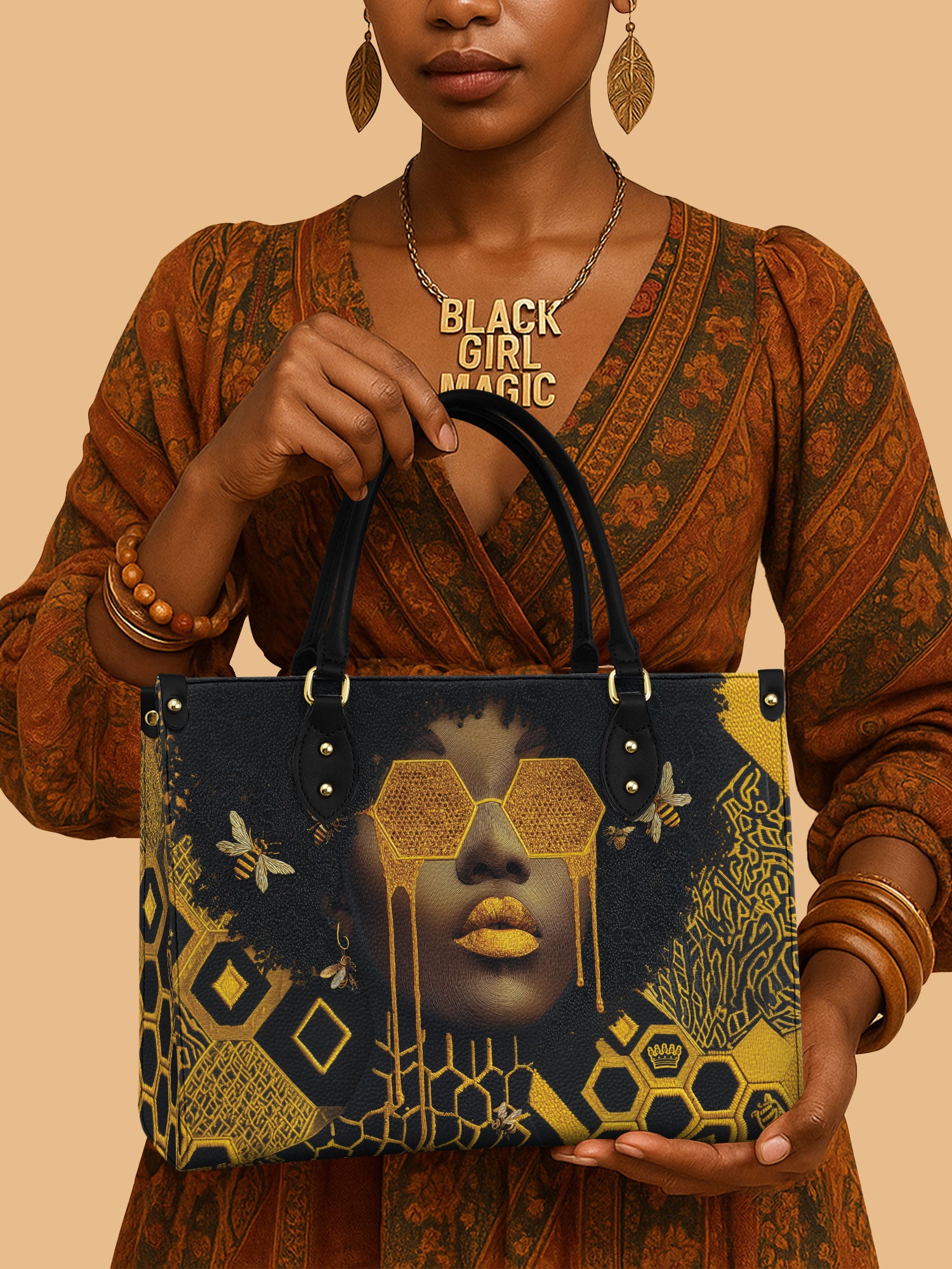 Golden Hive Premium Leather Handbag QR0XD207