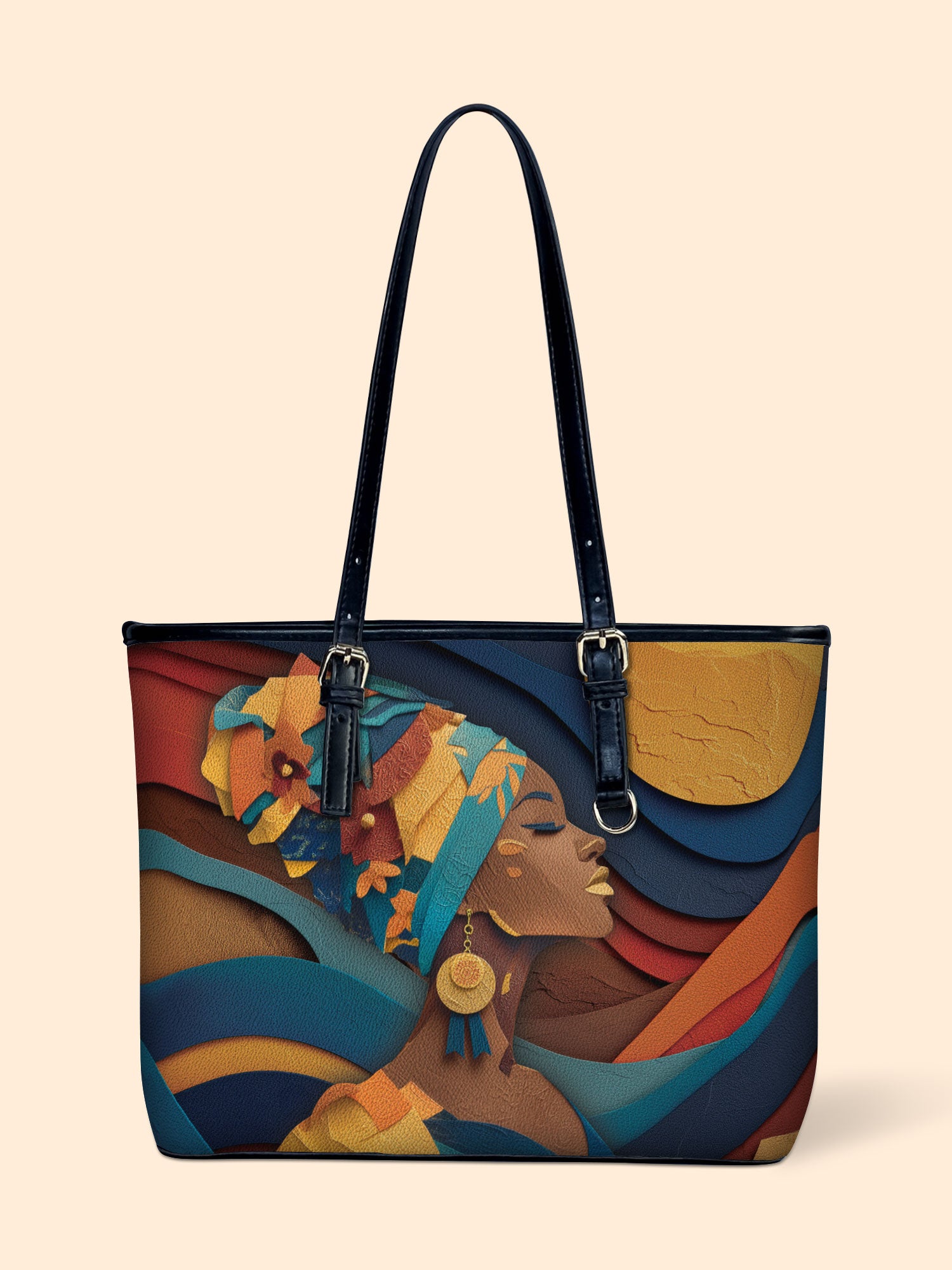 Woman in Headwrap Leather Bucket Bag QR0HH146