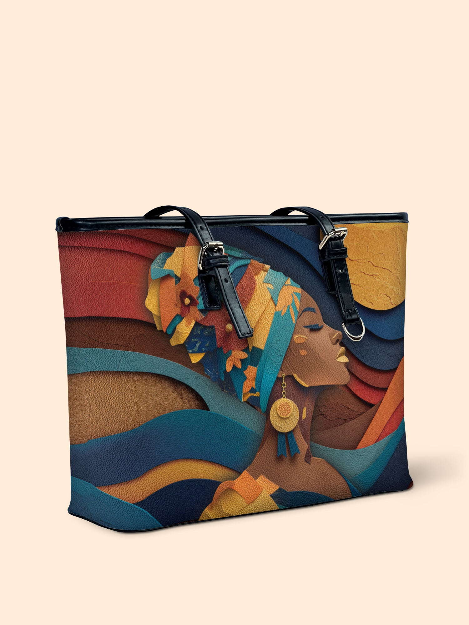 Woman in Headwrap Leather Bucket Bag QR0HH146