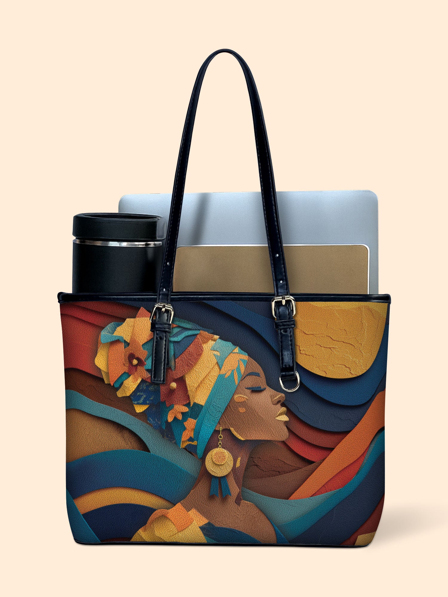 Woman in Headwrap Leather Bucket Bag QR0HH146