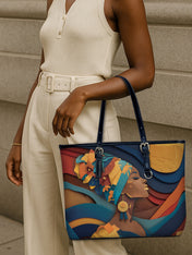 Woman in Headwrap Leather Bucket Bag QR0HH146