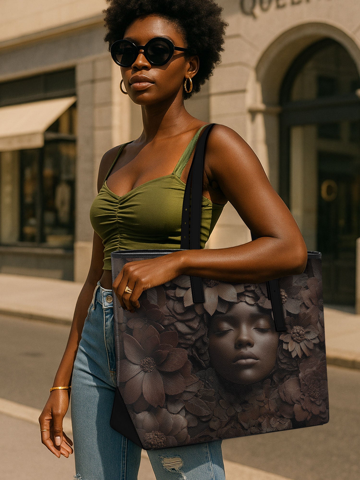 Wooden Bloom Sleek Leather Tote QR0TV008