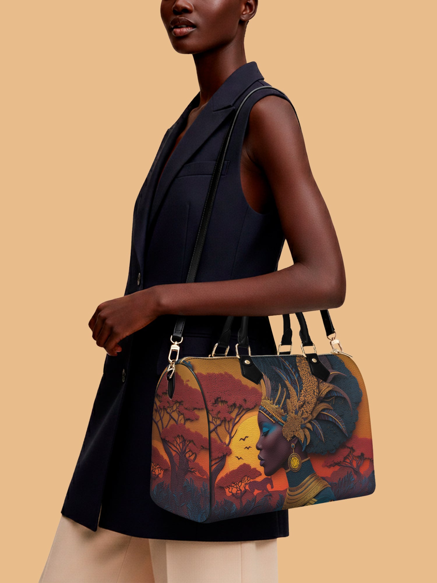 African Aspirations Leather Boston Bag QR0HH057
