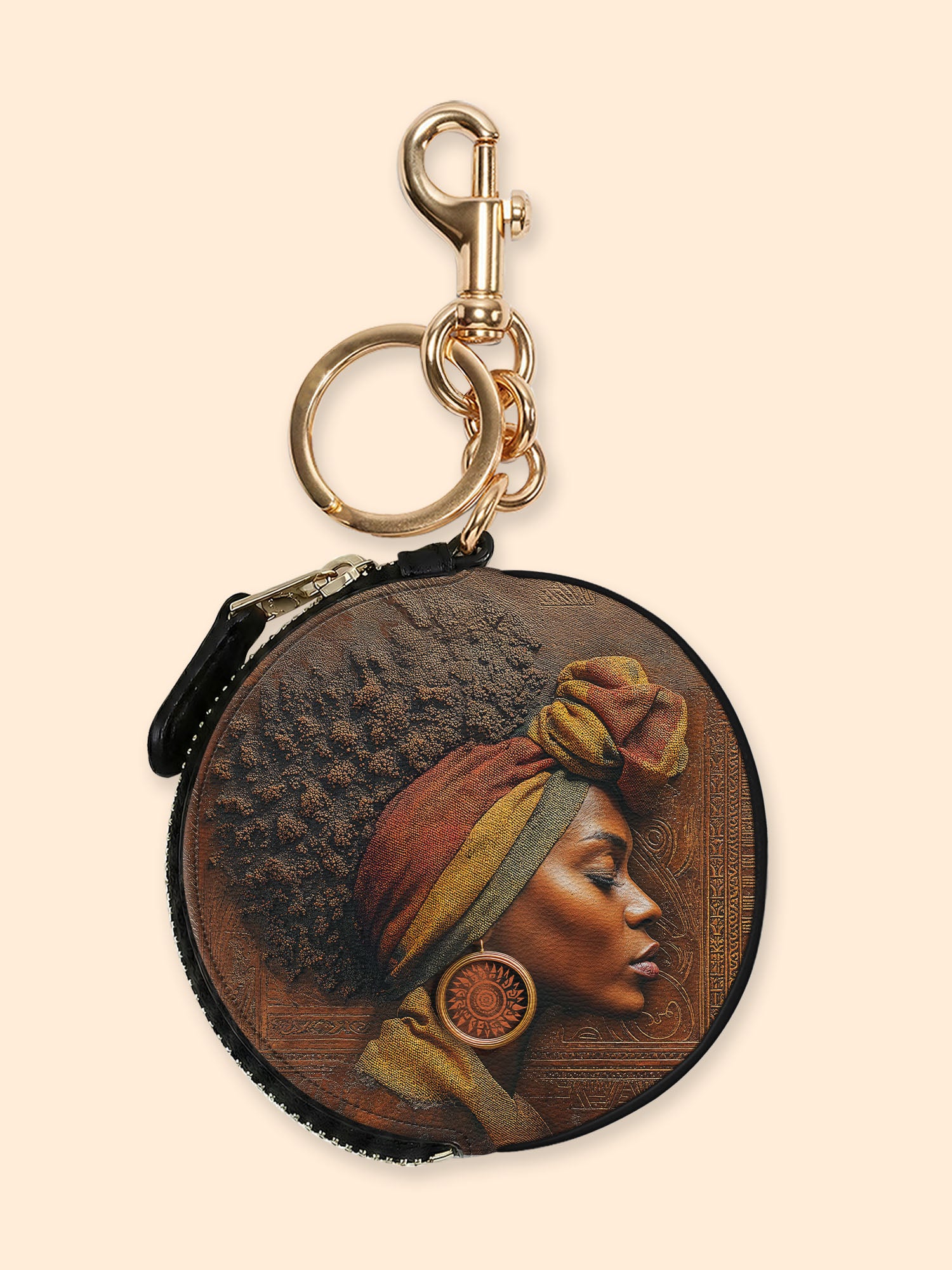 Afro-Elegance Circular Coin Pouch Bag Charm QR0HH022