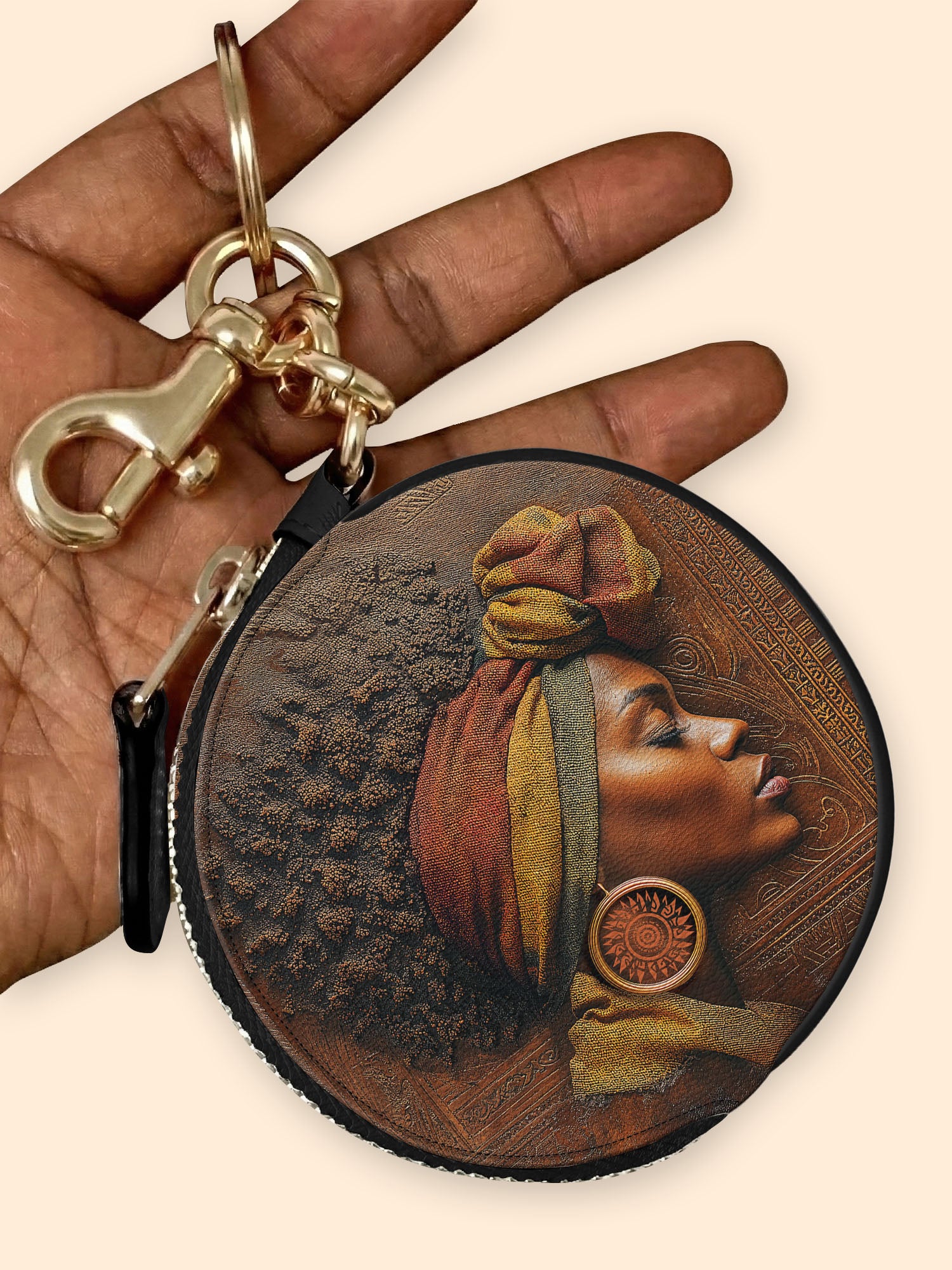 Afro-Elegance Circular Coin Pouch Bag Charm QR0HH022