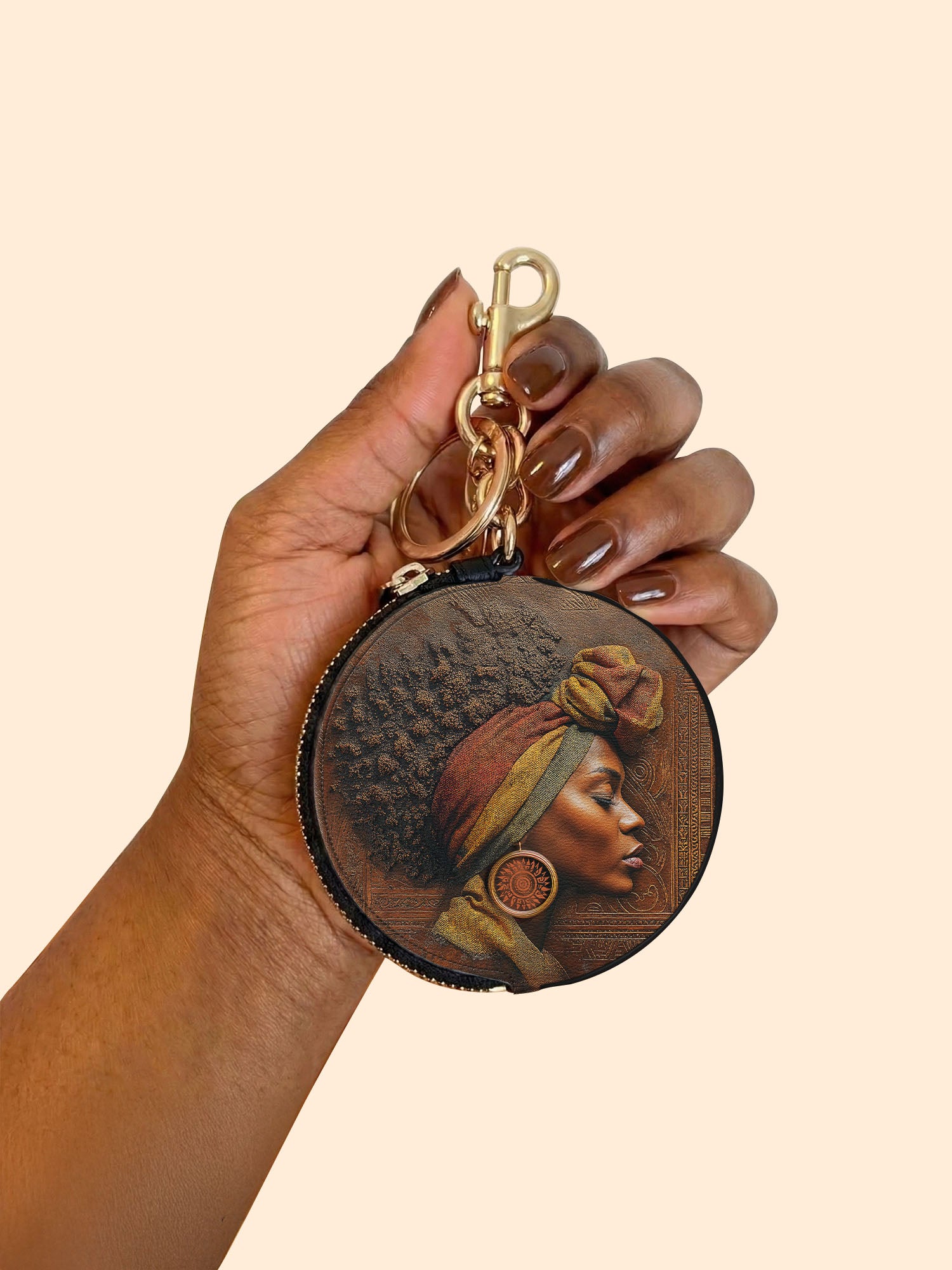 Afro-Elegance Circular Coin Pouch Bag Charm QR0HH022