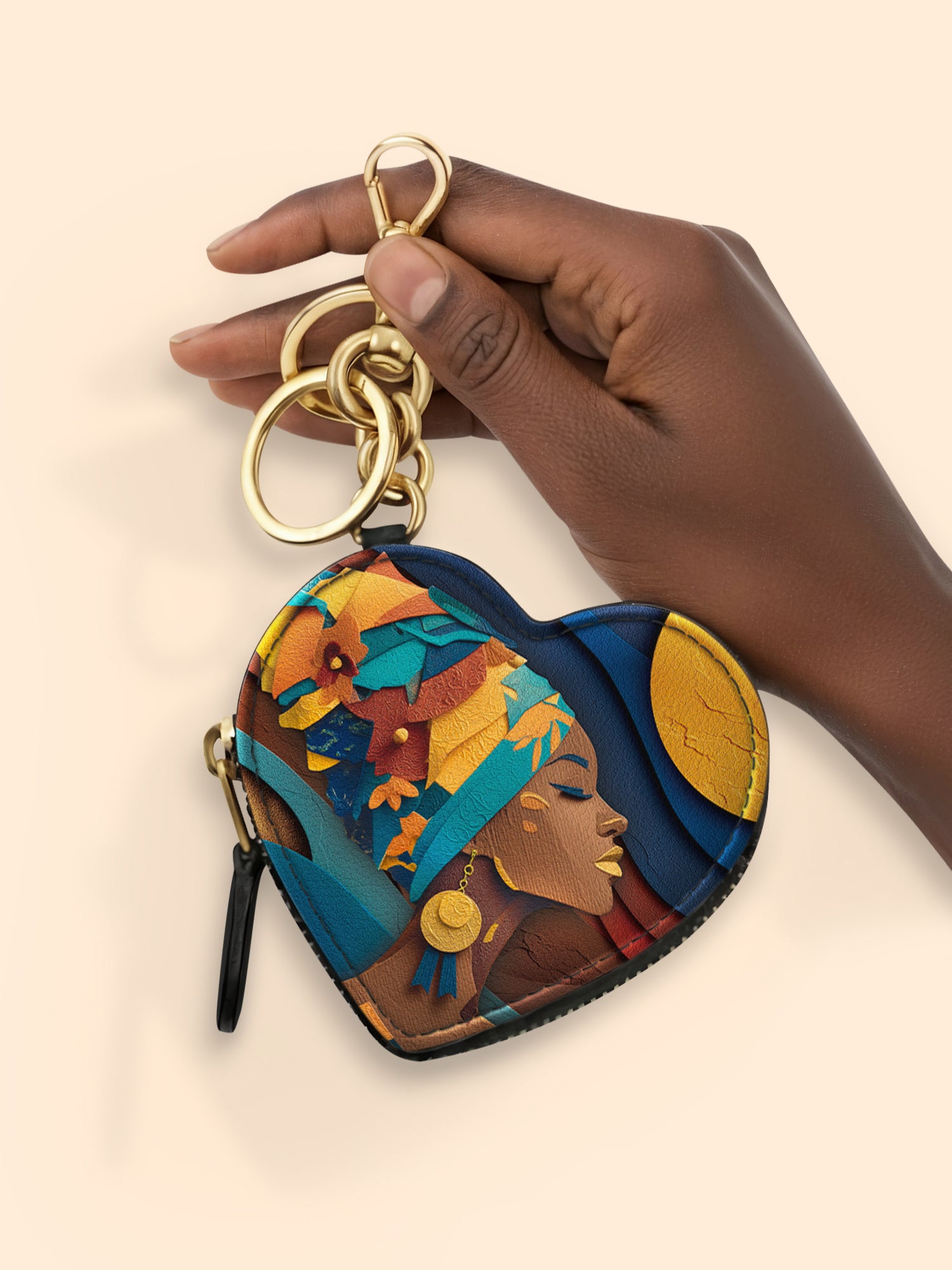 Woman in Headwrap Heart Coin Pouch Bag Charm QR0HH021