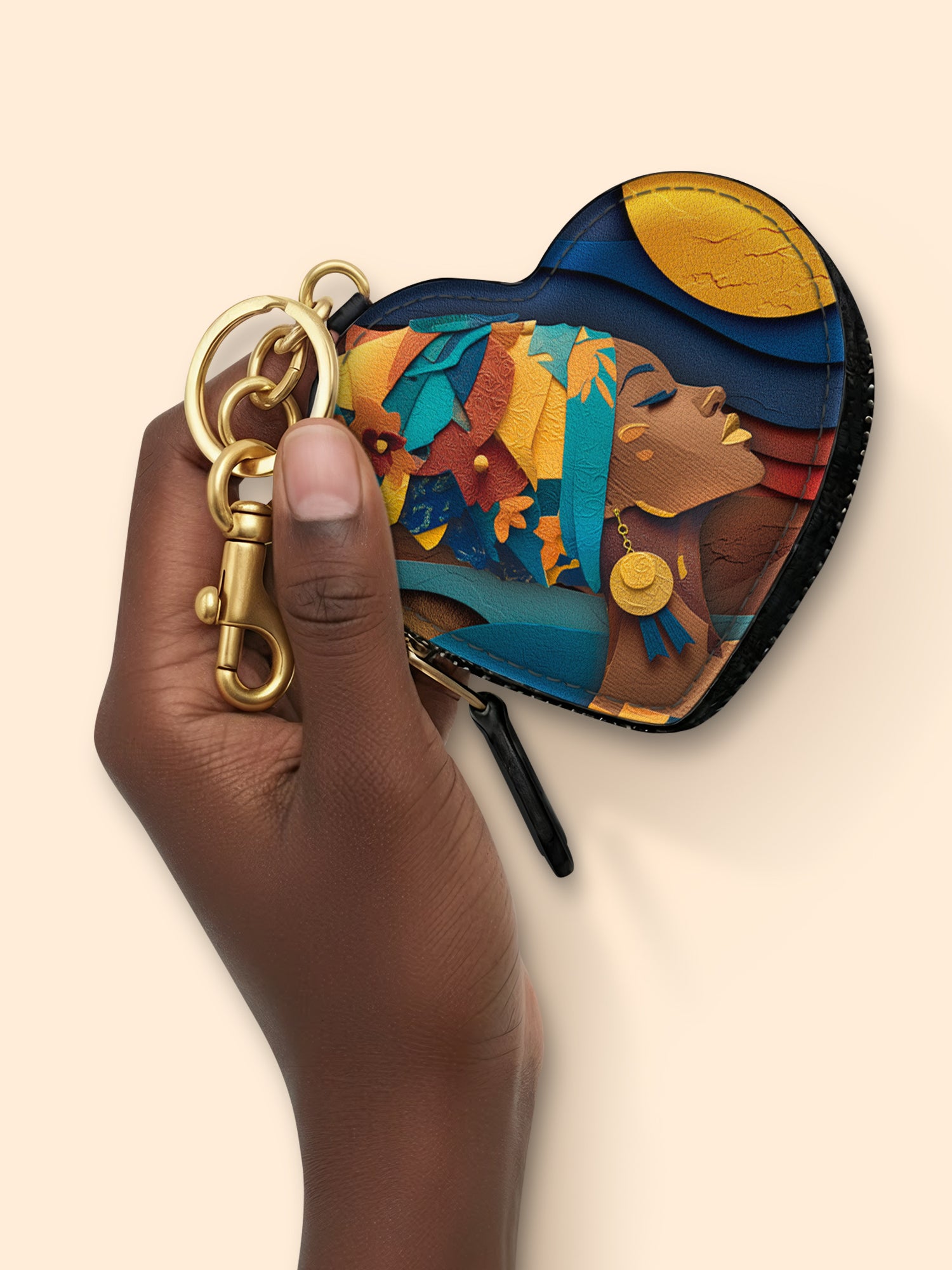 Woman in Headwrap Heart Coin Pouch Bag Charm QR0HH021