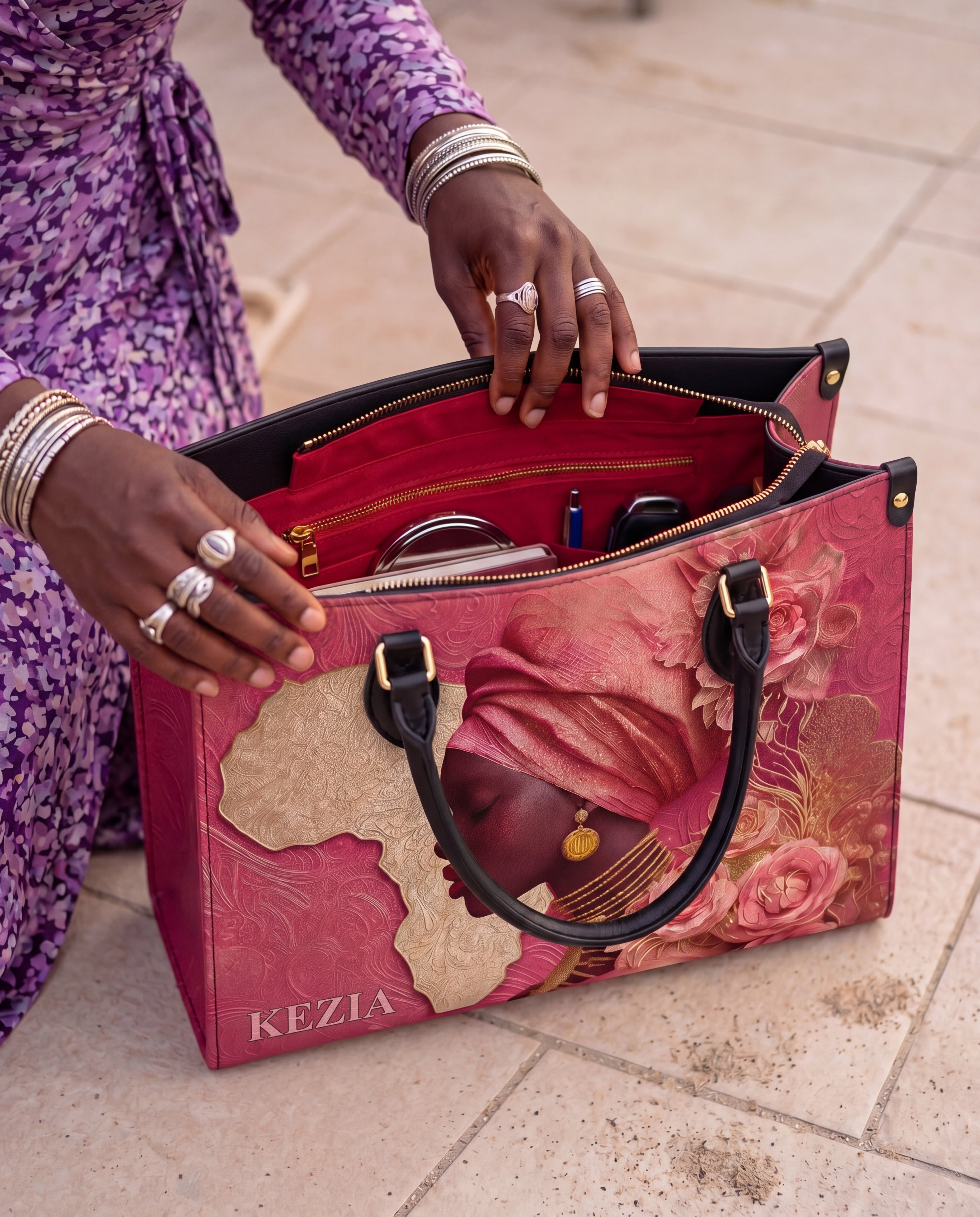 African Blossom Premium Leather Handbag