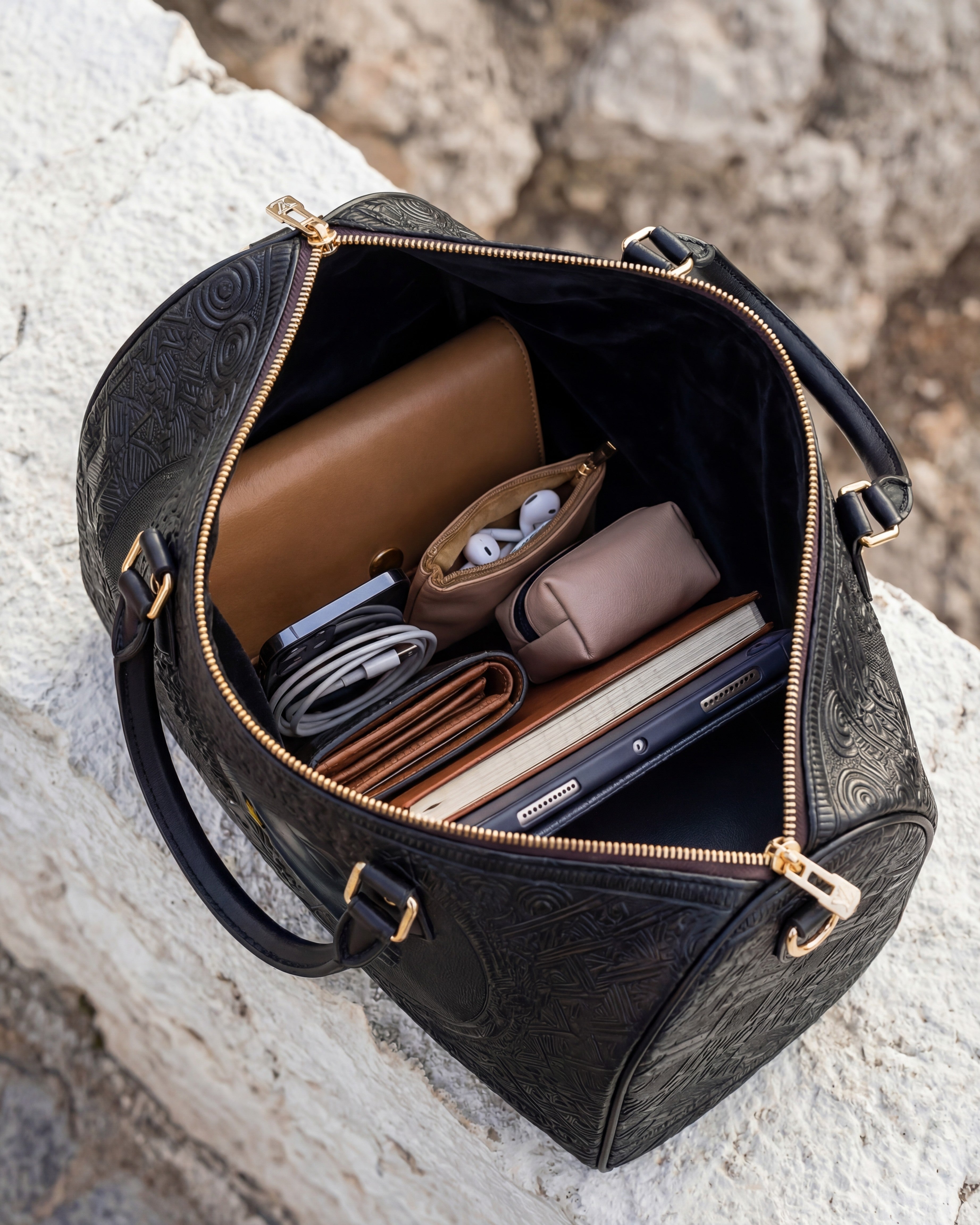 Crowned In Onyx Leather Boston Bag