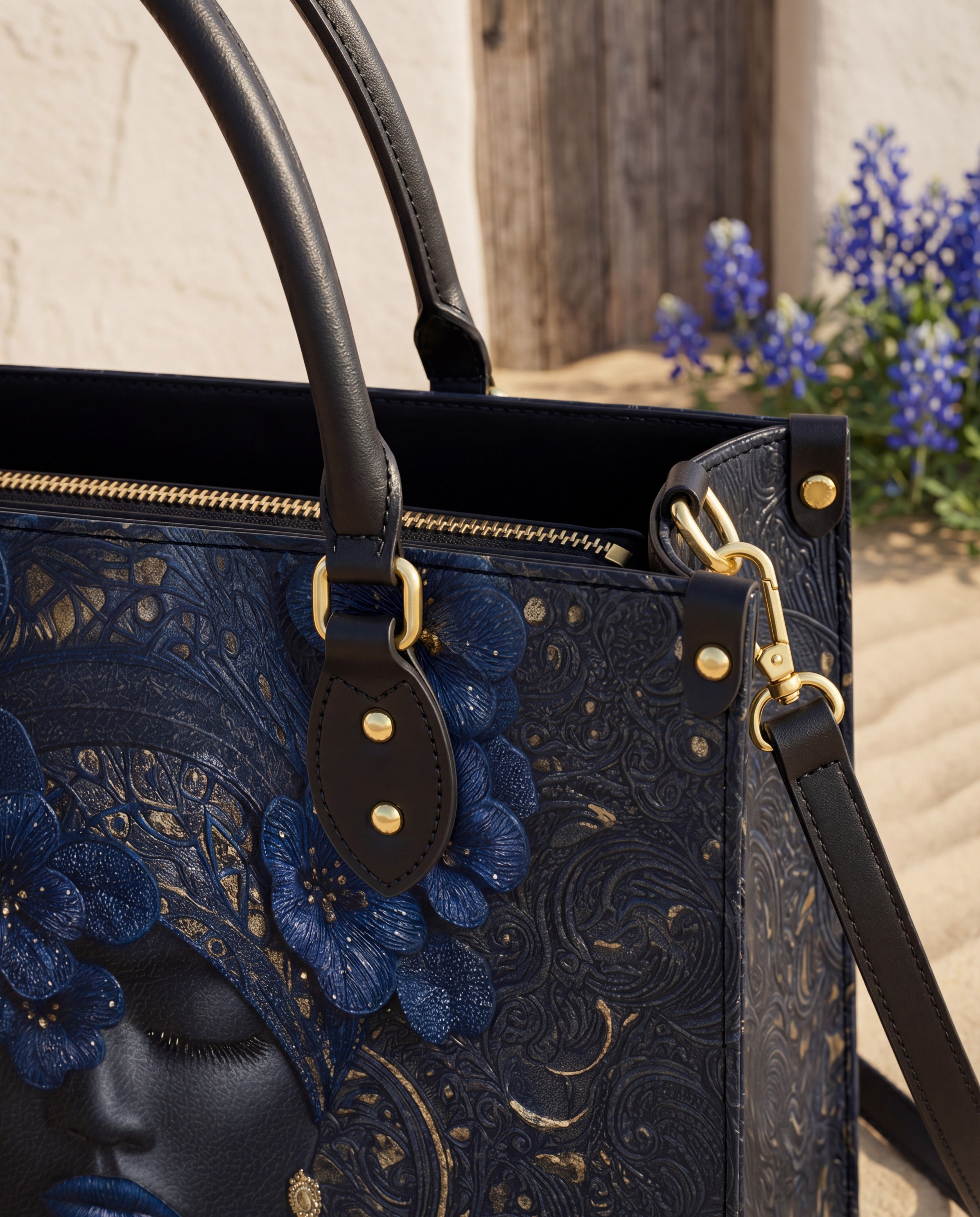 Midnight Bluebonnet Premium Leather Handbag QR0XD292