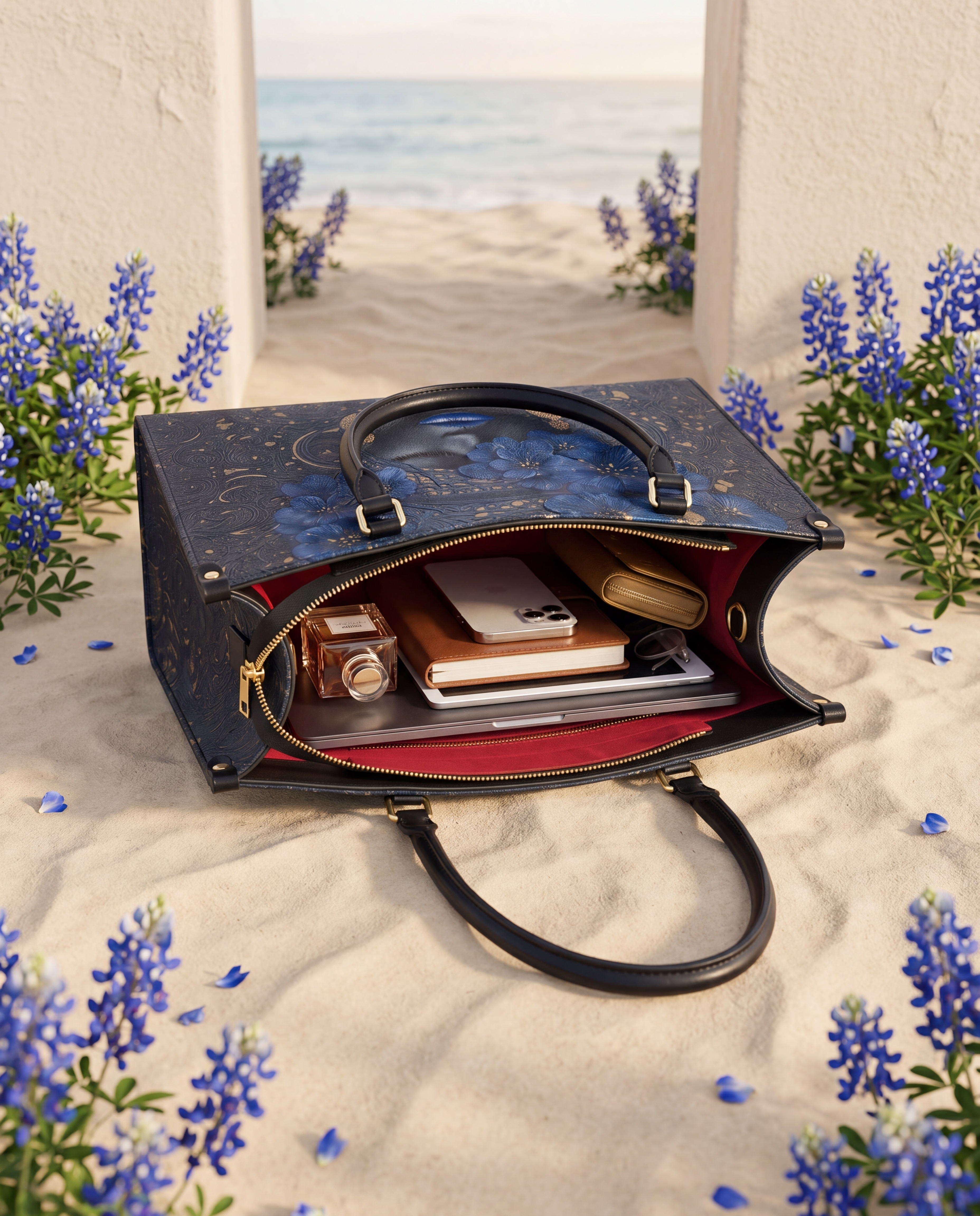 Midnight Bluebonnet Premium Leather Handbag QR0XD292