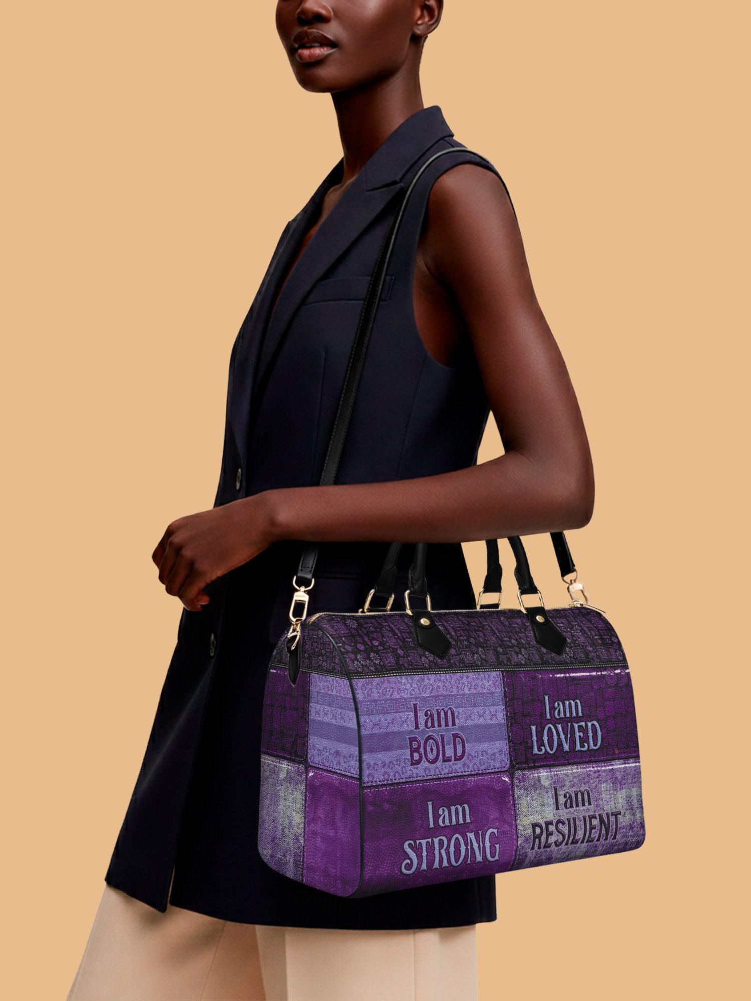 Purple Affirmations Leather Boston Bag QR0XD1048