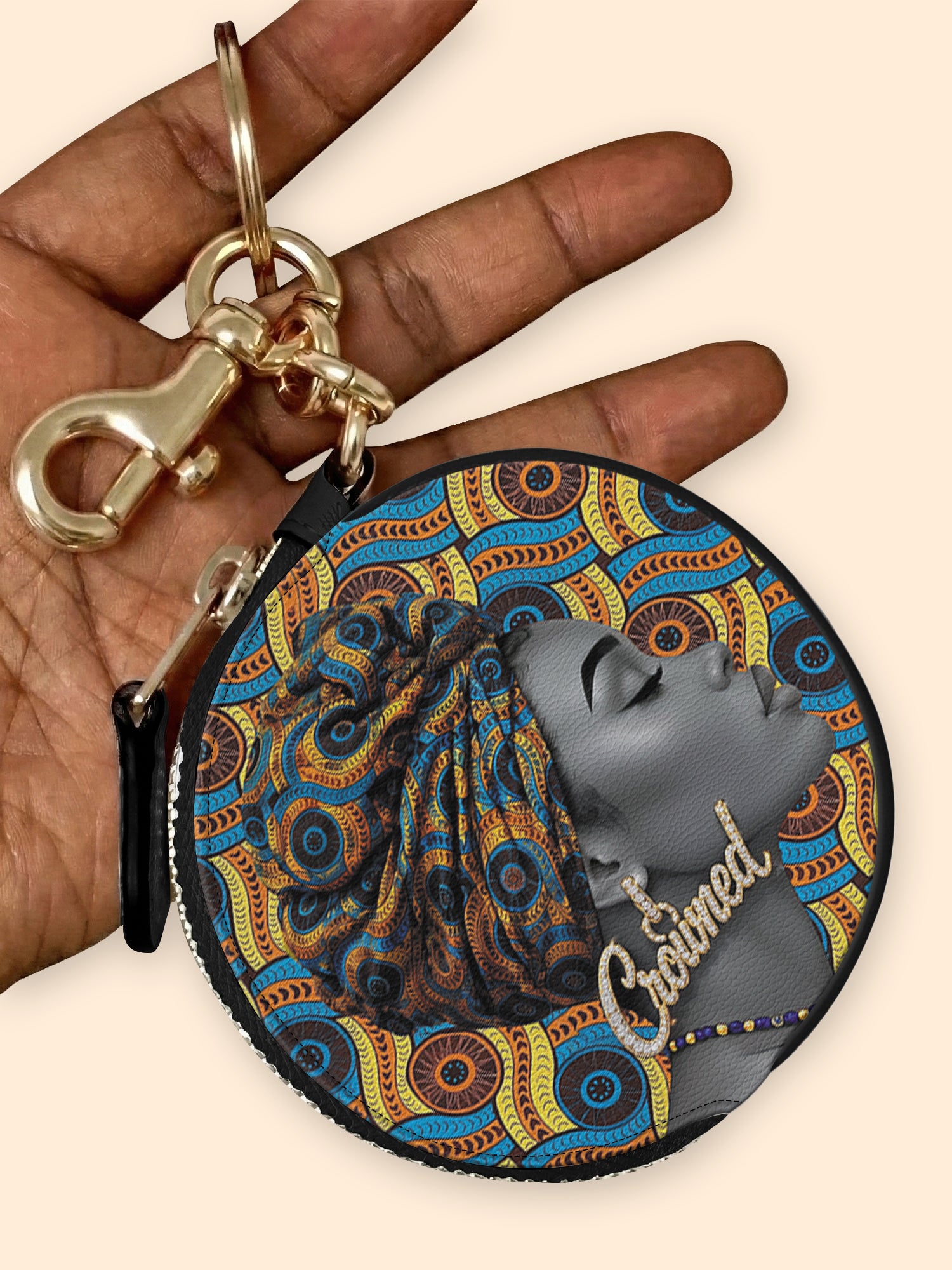 Crowned Ankara Circular Coin Pouch Bag Charm QR0TV277