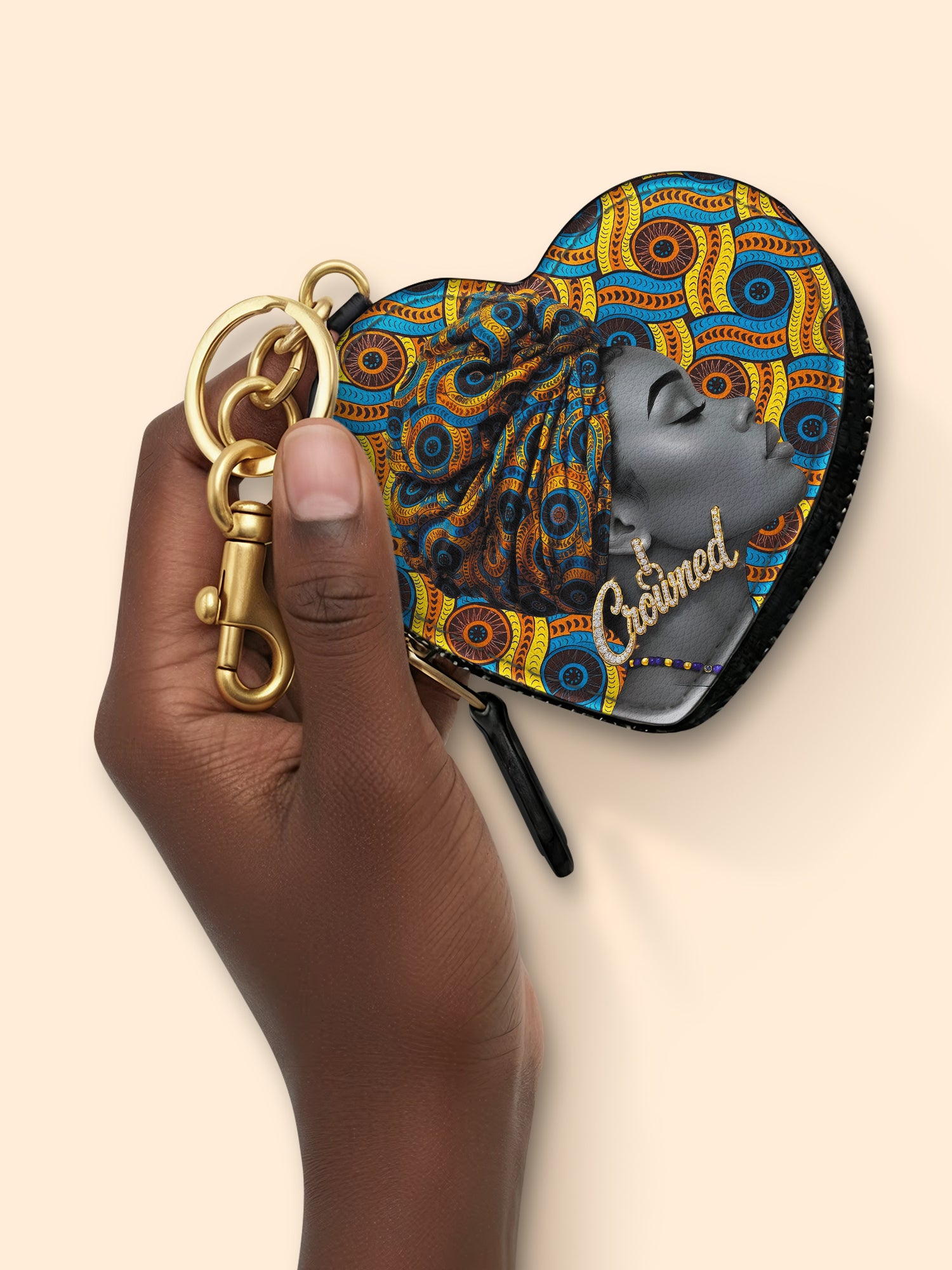 Crowned Ankara Heart Coin Pouch Bag Charm QR0TV277